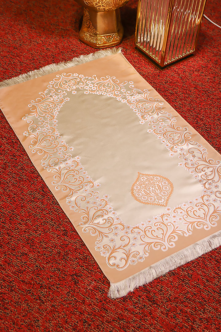 Silk Janamaz With Bag - Foldable Travel Prayer Mat - Lite Brown