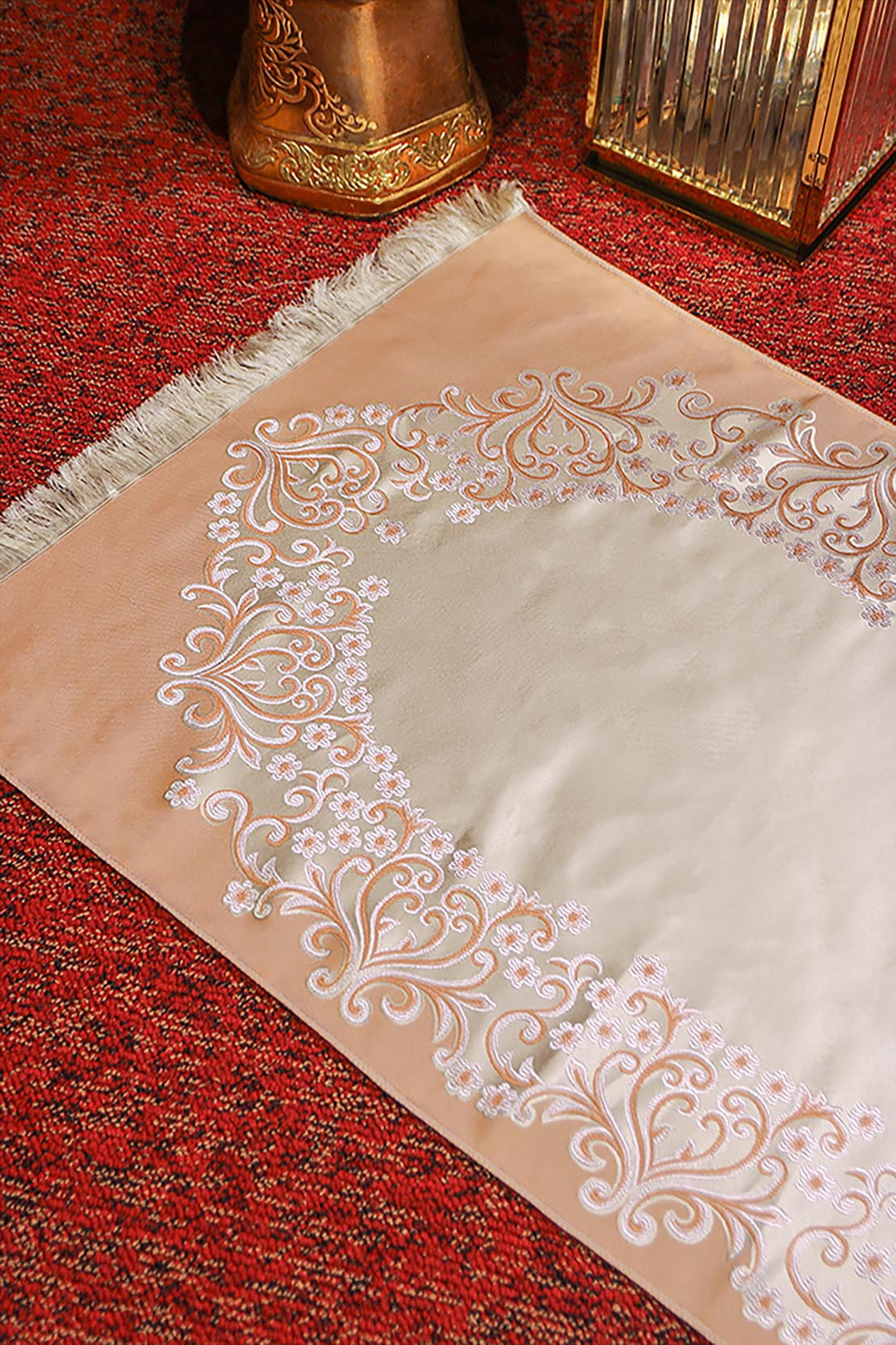 Silk Janamaz With Bag - Foldable Travel Prayer Mat - Lite Brown