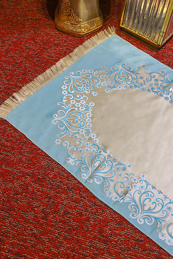Silk Janamaz With Bag - Foldable Travel Prayer Mat - Blue