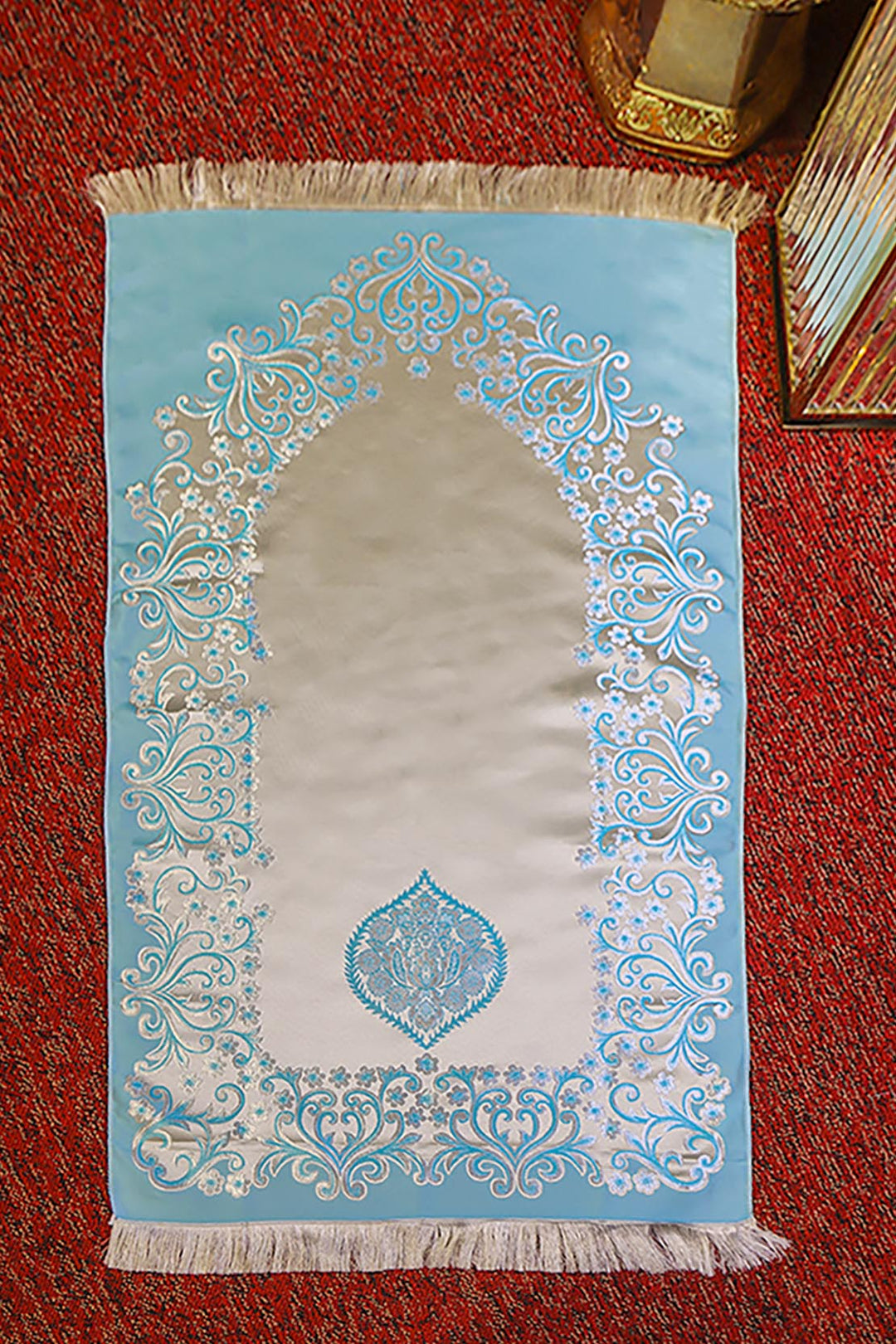 Silk Janamaz With Bag - Foldable Travel Prayer Mat - Blue
