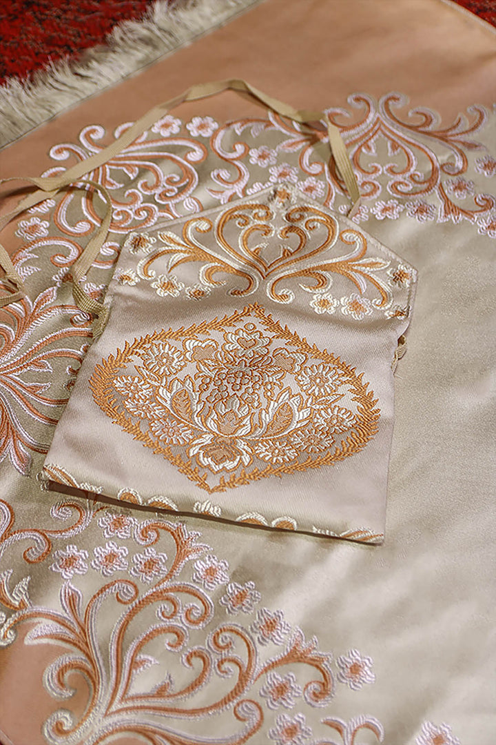 Silk Janamaz With Bag - Foldable Travel Prayer Mat - Lite Brown