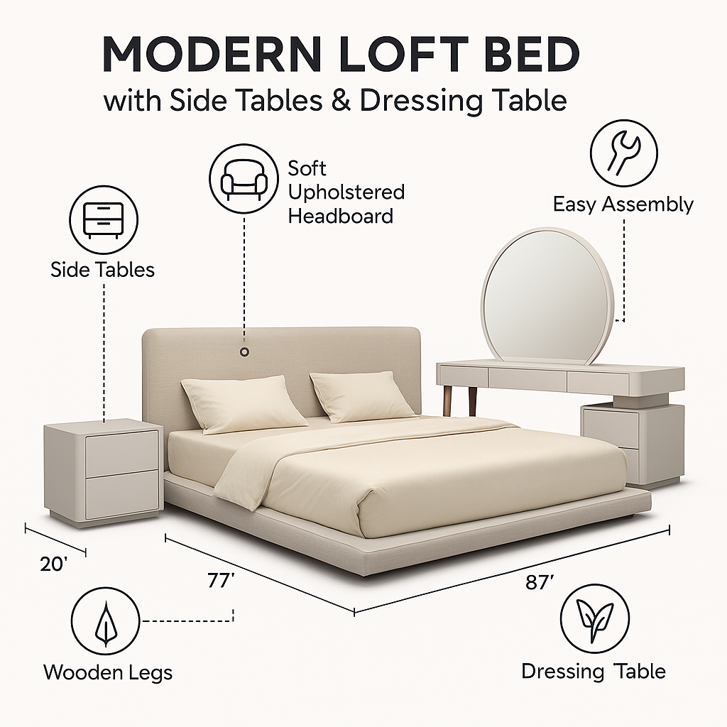 Modern Loft Bed with Side Tables and Dressing Table