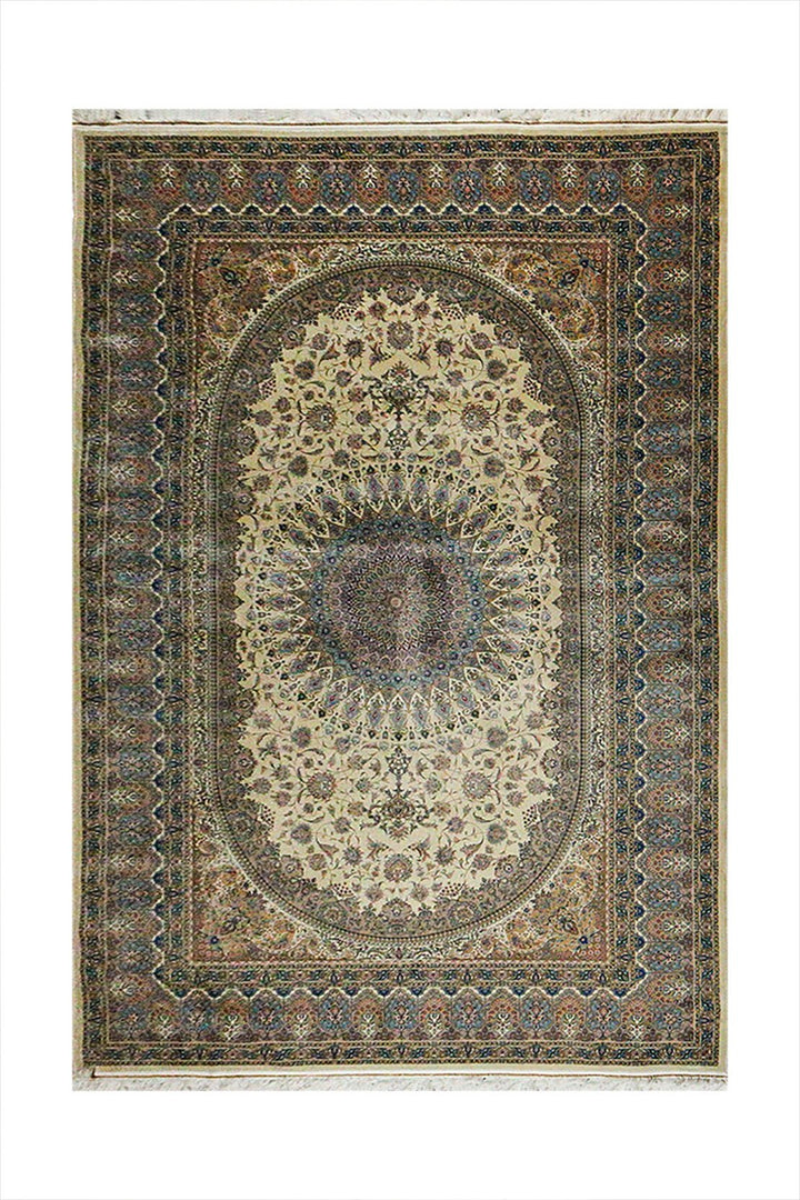 Iranian Premium Quality Silk Rug - 6.5 x 9.8 FT - Beige - Resilient Construction for Long - Lasting Use - V Surfaces