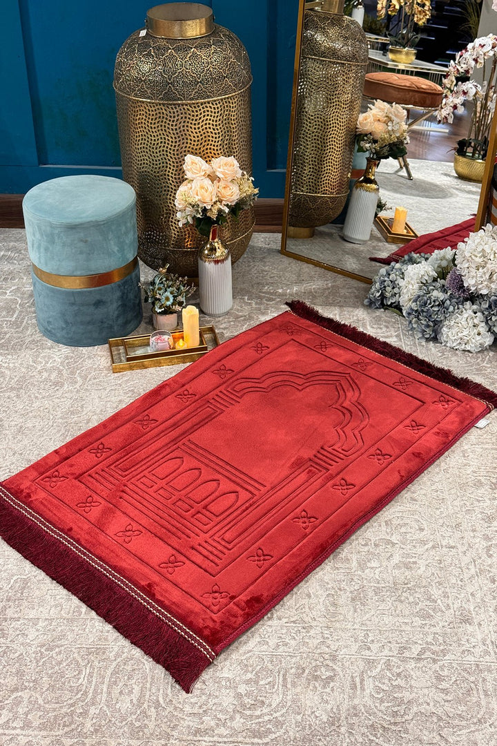 Premium Memory Foam Janamaz Red - Islamic Prayer Mat - Very Thick, Padded, Non-Slip - V Surfaces