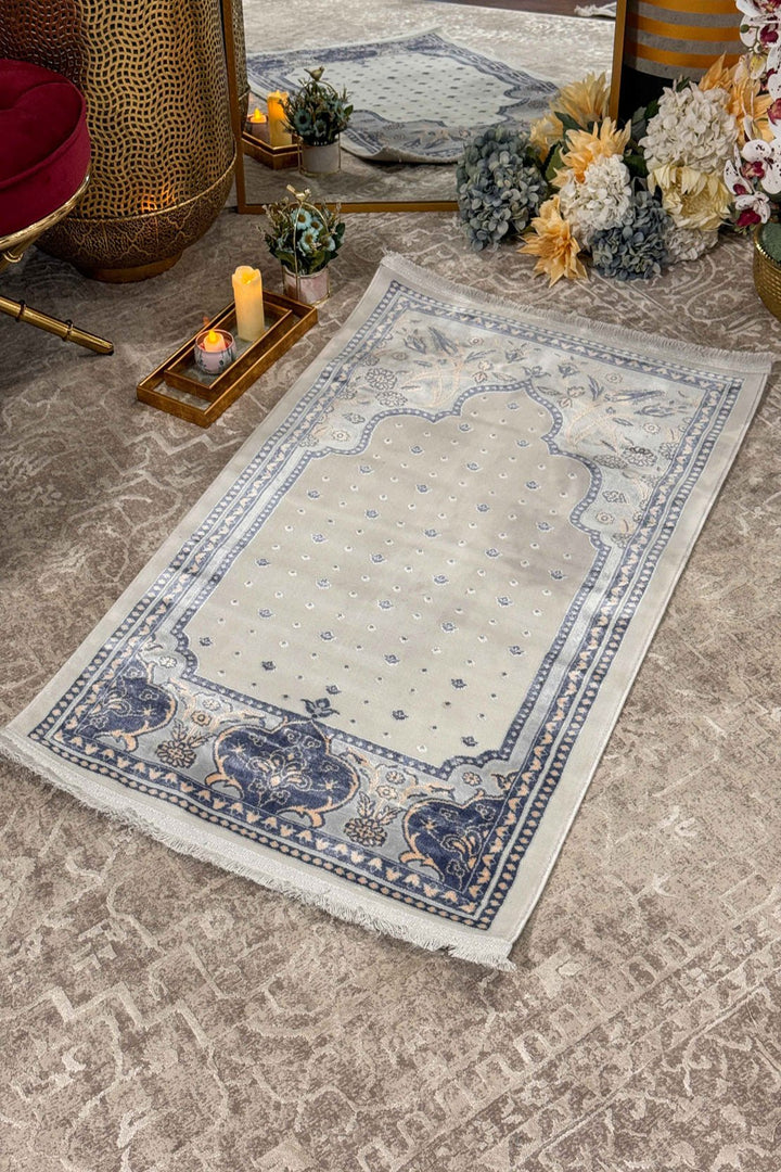 Turkish Bamboo Sajjadeh Janamaz - 2.6 x 3.9 FT - Gray qand Blue - V Surfaces