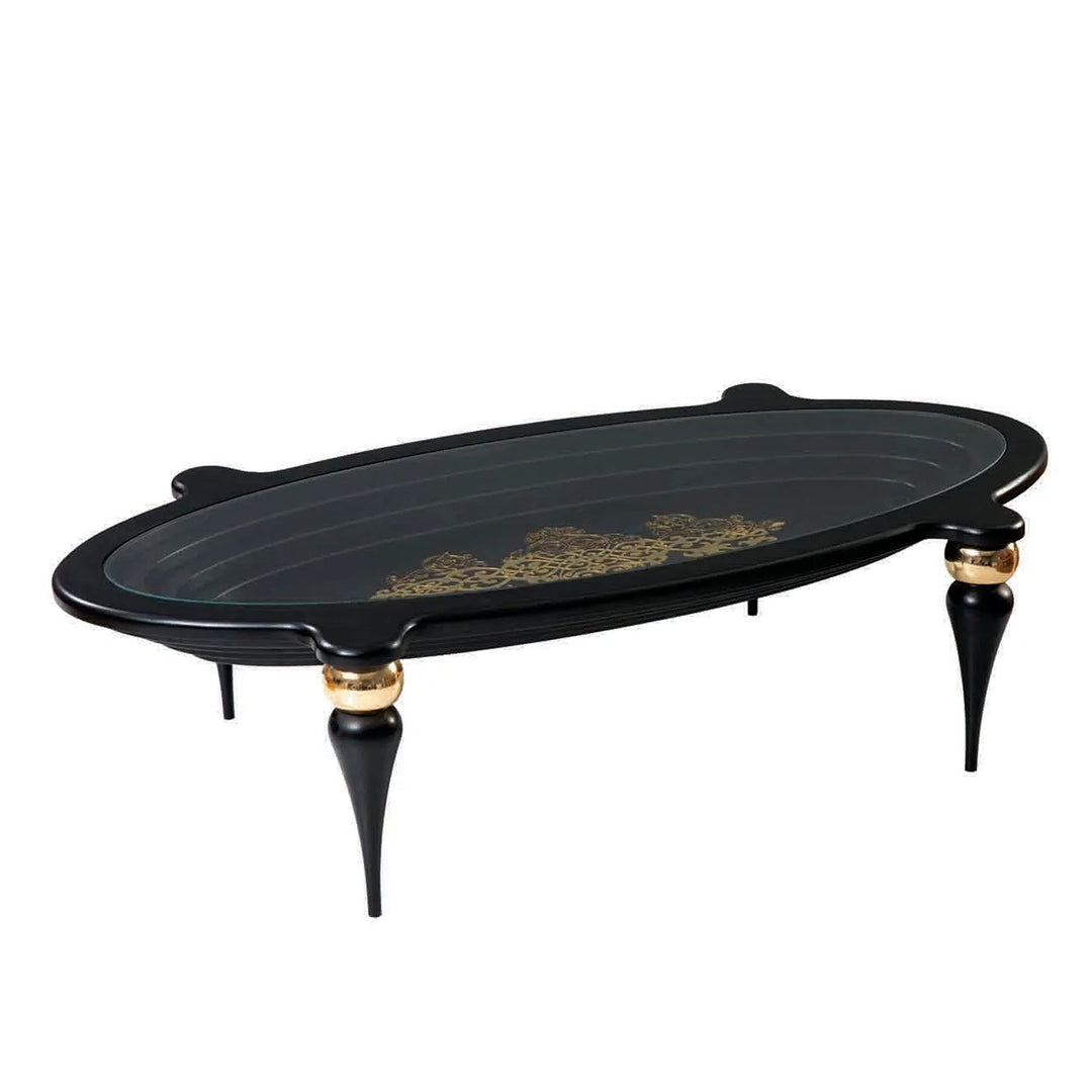 Turkish Center Table - MDF Paint - Black Table With Golden Design - Tempered Glass - V Surfaces