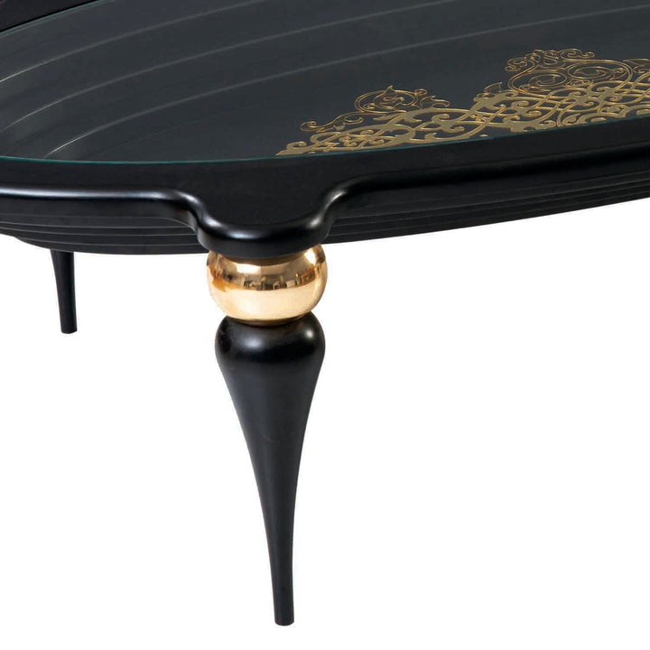 Turkish Center Table - MDF Paint - Black Table With Golden Design - Tempered Glass - V Surfaces