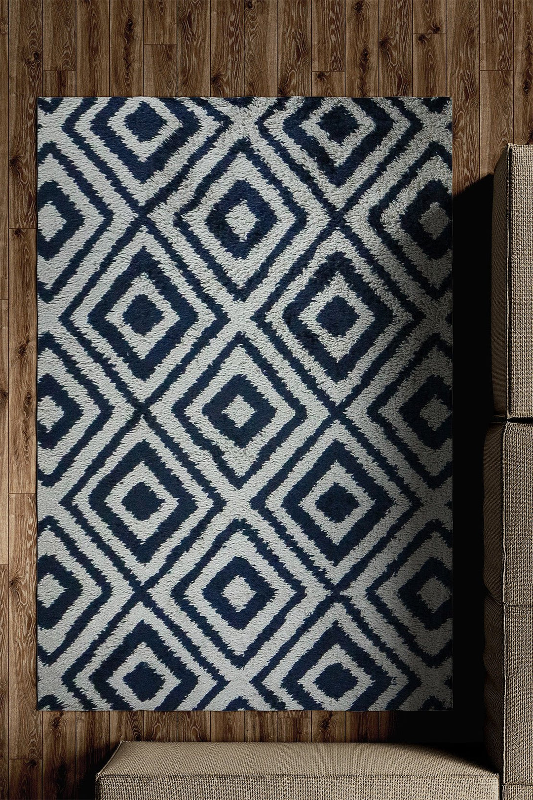 Turkish Plush and Soft Festival WD Shaggy Rug -5.3 x 7.5 FT - Blue and Cream - Fluffy Furry Floor Decor Shaggy Rug - V Surfaces