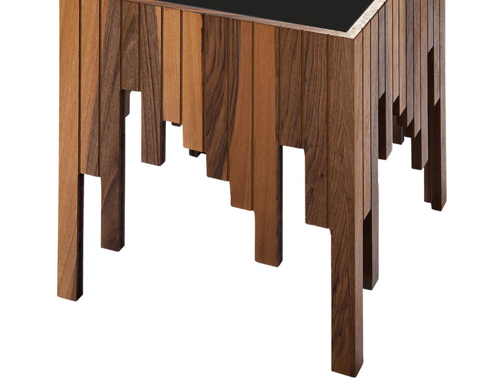Turkish Side Table, Walnut With Gold Stripes - Tempered Smoked Glass, MDF With Vineer Paint - V Surfaces