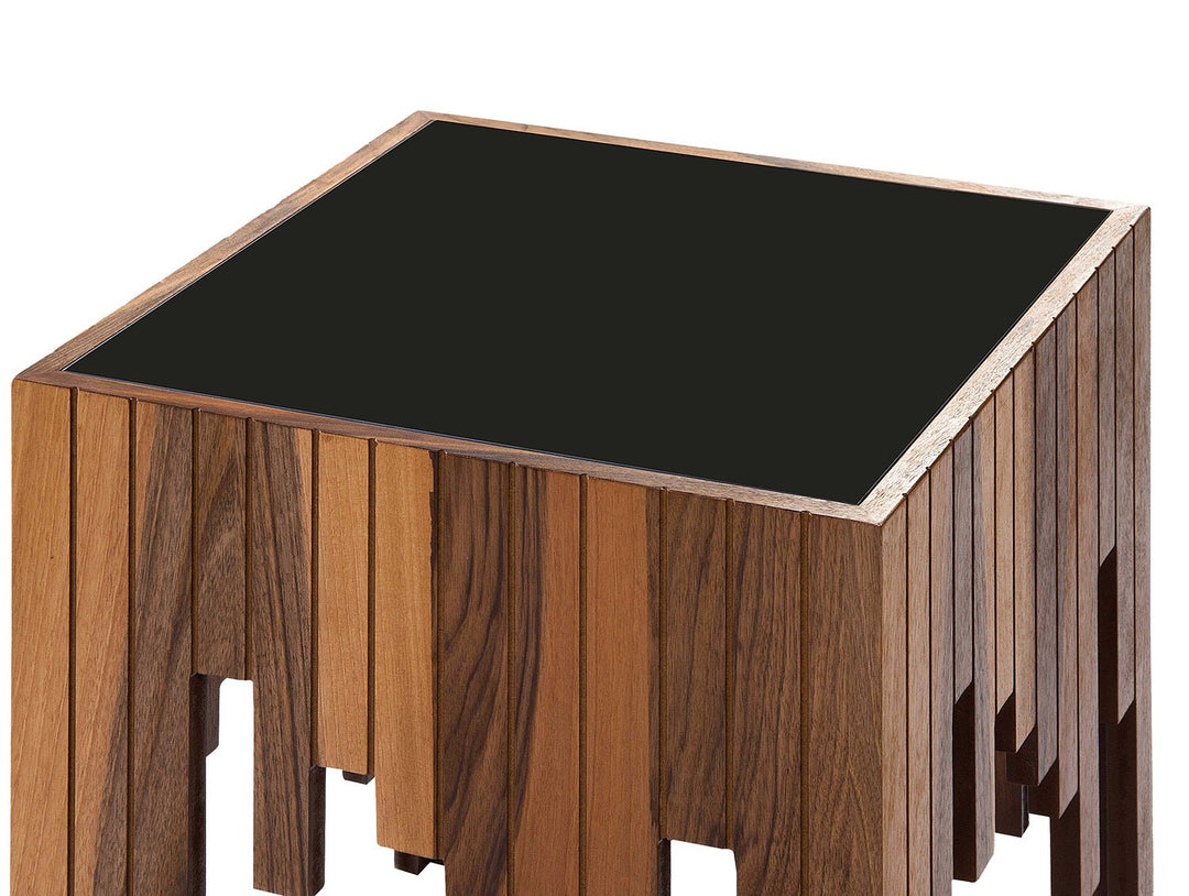 Turkish Side Table, Walnut With Gold Stripes - Tempered Smoked Glass, MDF With Vineer Paint - V Surfaces