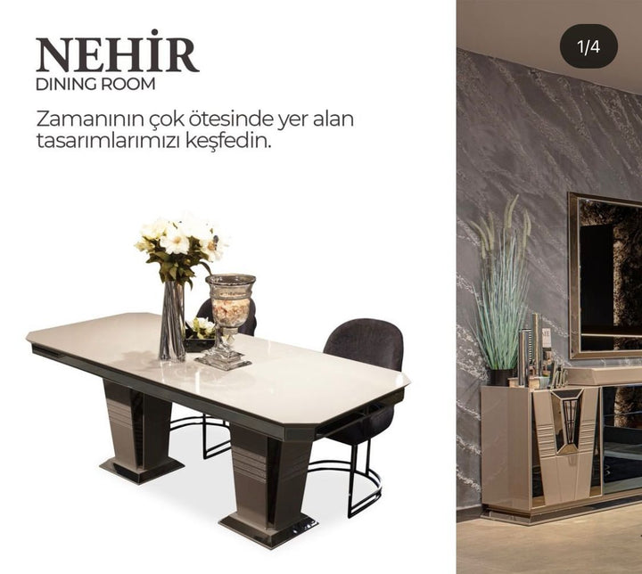 Turkish Nehir Dining Table with Fabric Chairs (Dining Table + 8 Chairs)
