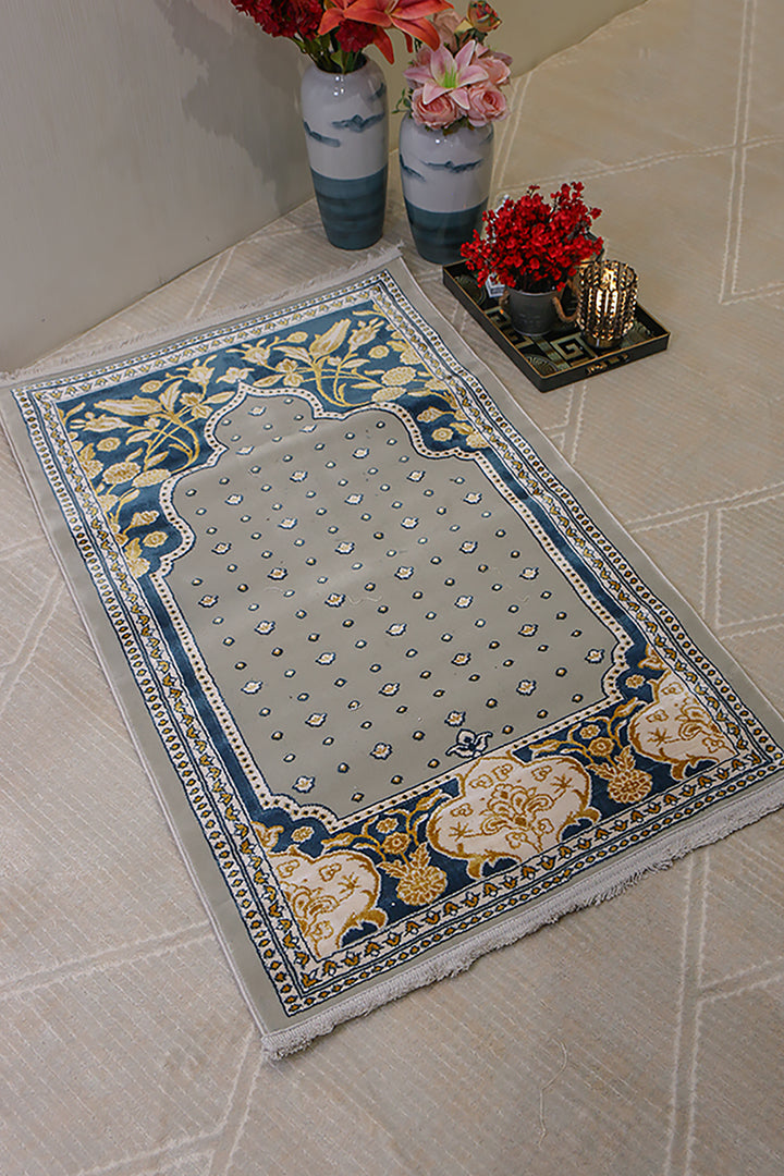 Turkish Bamboo Sajjadeh  Janamaz - 2.6 x 3.9 FT - Blue and L Gray