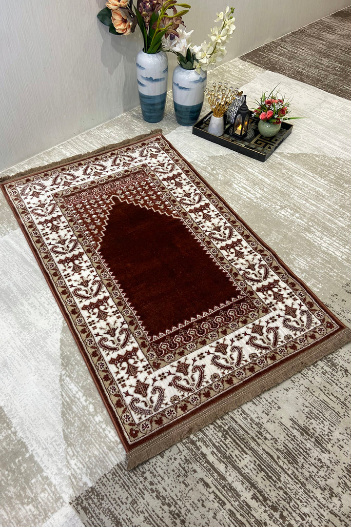 Turkish Style Acrylic Sajjadeh Prayers Mat - Brown- Soft, Durable, and Easy to Clean