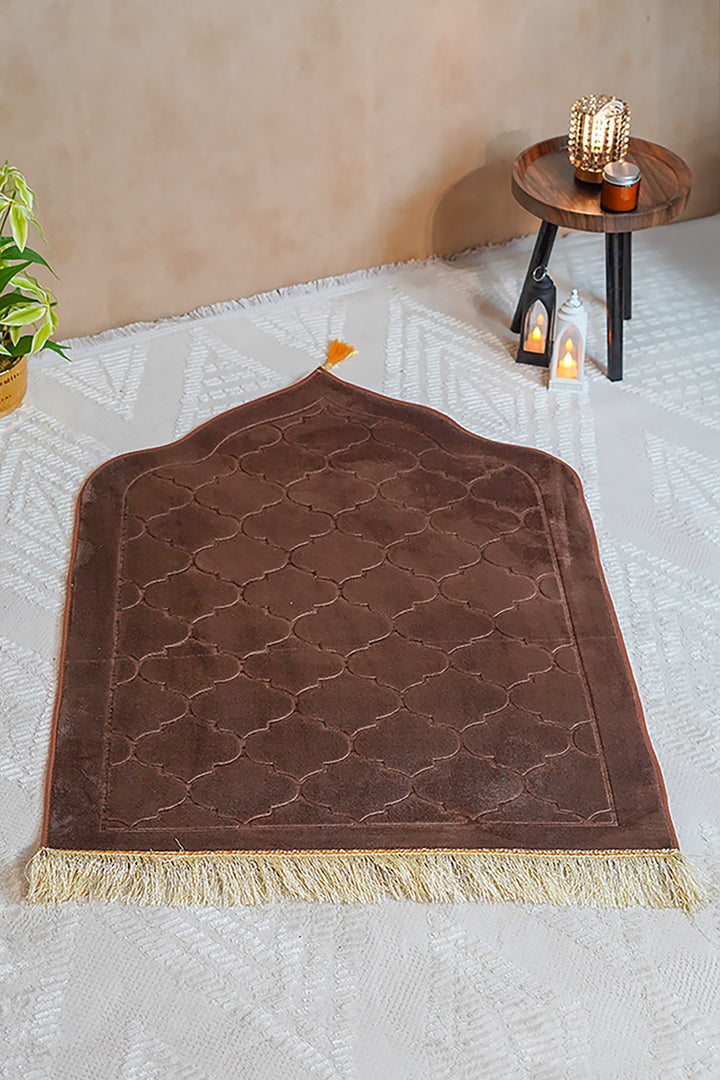 Sajda Janamaz With Memory Foam - Premium Velvet Quilted Prayer Mat - Dark Brown