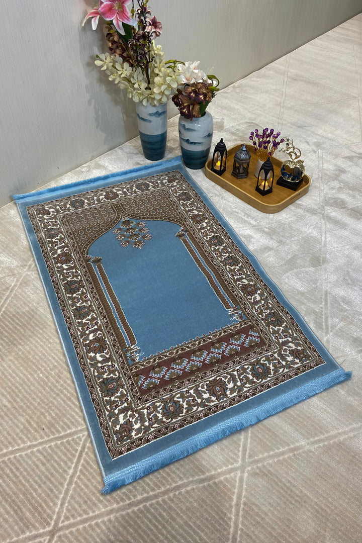 Turkish Style Acrylic Sajjadeh Prayers Mat - Blue - Soft, Durable, and Easy to Clean