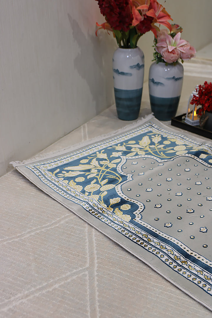 Turkish Bamboo Sajjadeh  Janamaz - 2.6 x 3.9 FT - Blue and L Gray
