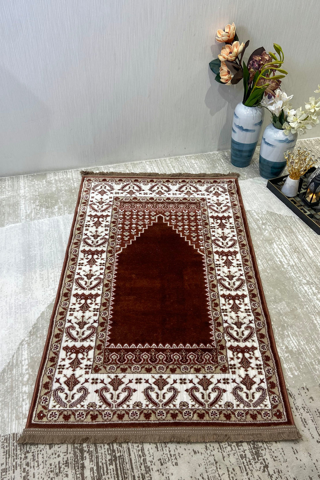 Turkish Style Acrylic Sajjadeh Prayers Mat - Brown- Soft, Durable, and Easy to Clean