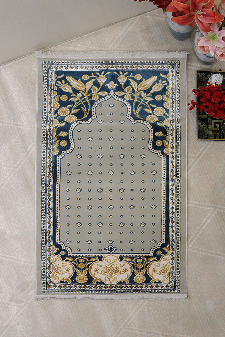 Turkish Bamboo Sajjadeh  Janamaz - 2.6 x 3.9 FT - Blue and L Gray