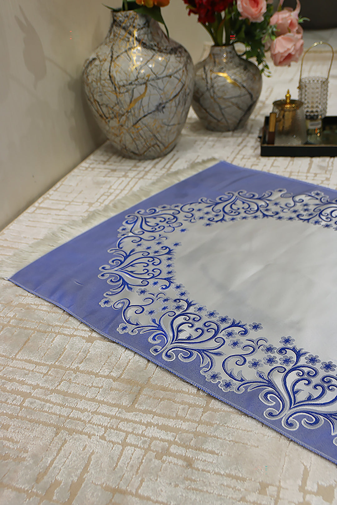 Silk Janamaz With Bag - Foldable Travel Prayer Mat - Navy