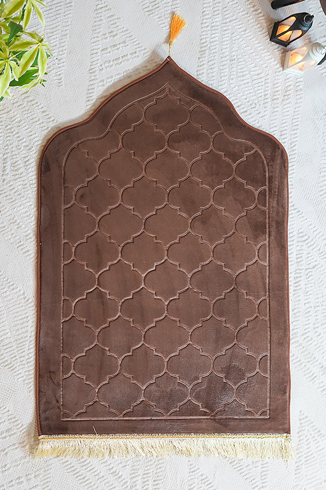 Sajda Janamaz With Memory Foam - Premium Velvet Quilted Prayer Mat - Dark Brown