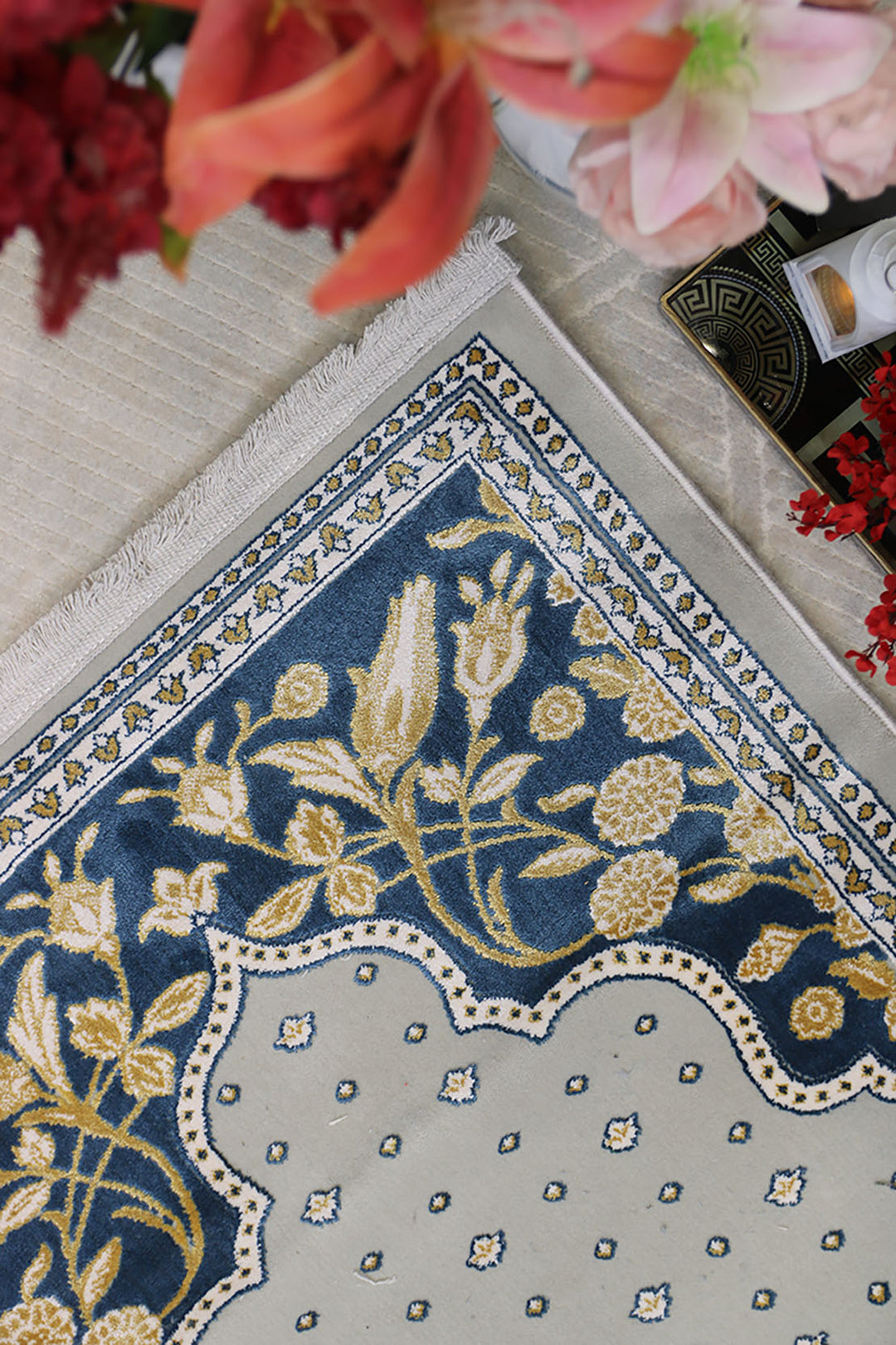 Turkish Bamboo Sajjadeh  Janamaz - 2.6 x 3.9 FT - Blue and L Gray