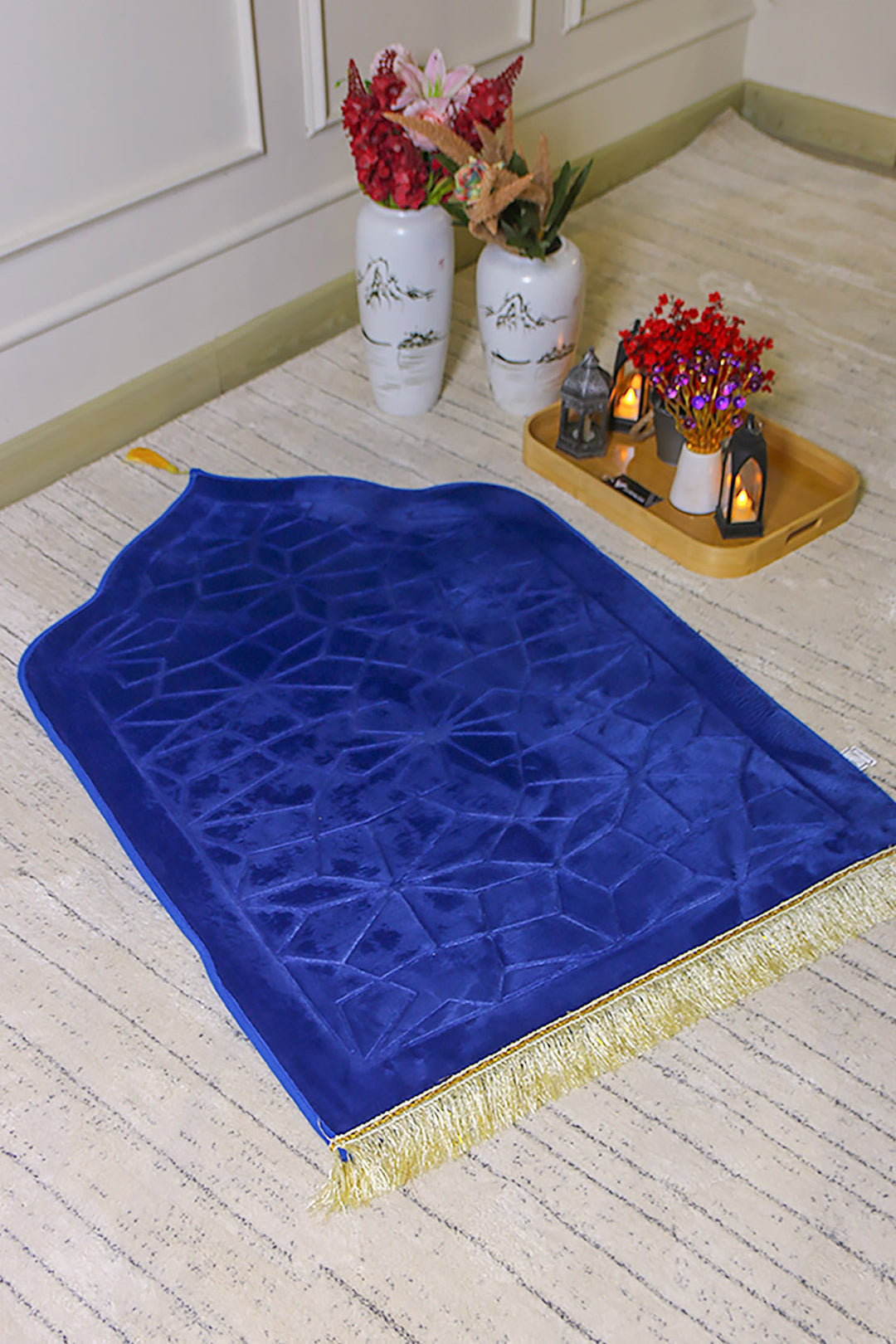 Sajda Janamaz - Premium Velvet Quilted Prayer Mat - Blue