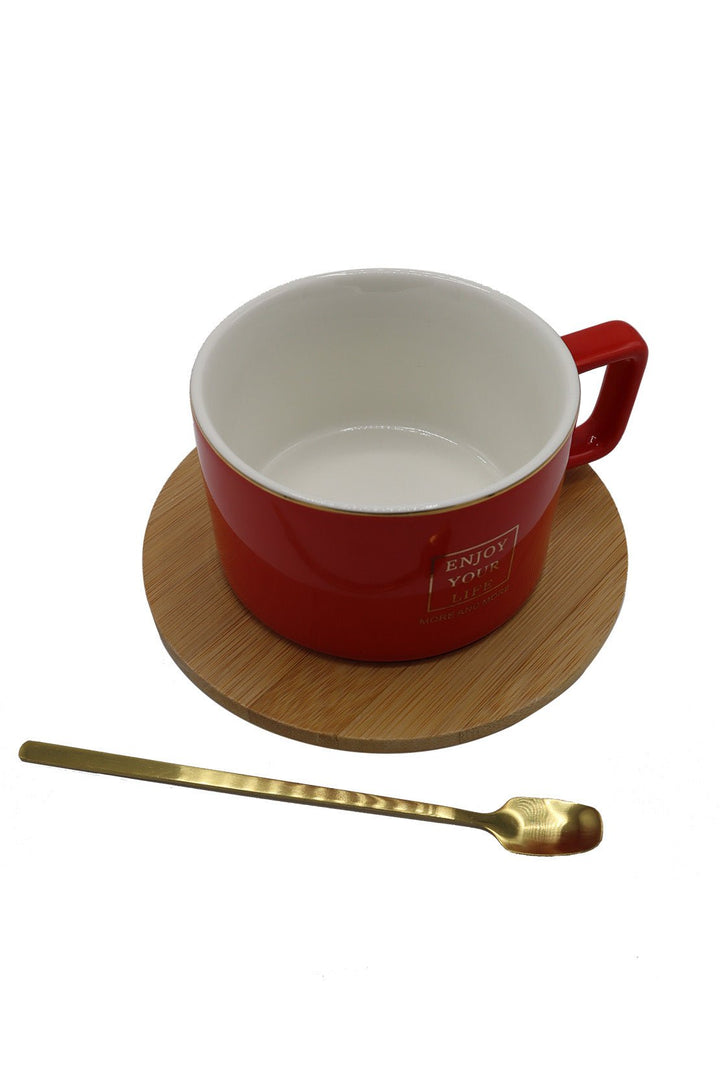 Ceramic Mug With Wodden Tray Red - V Surfaces