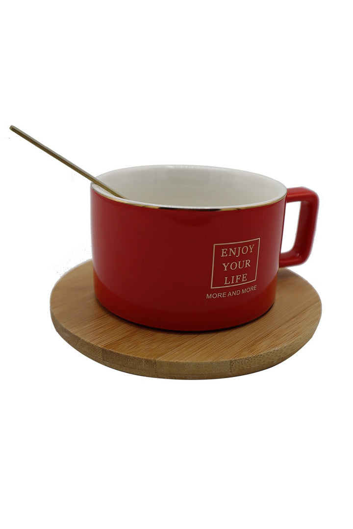 Ceramic Mug With Wodden Tray Red - V Surfaces