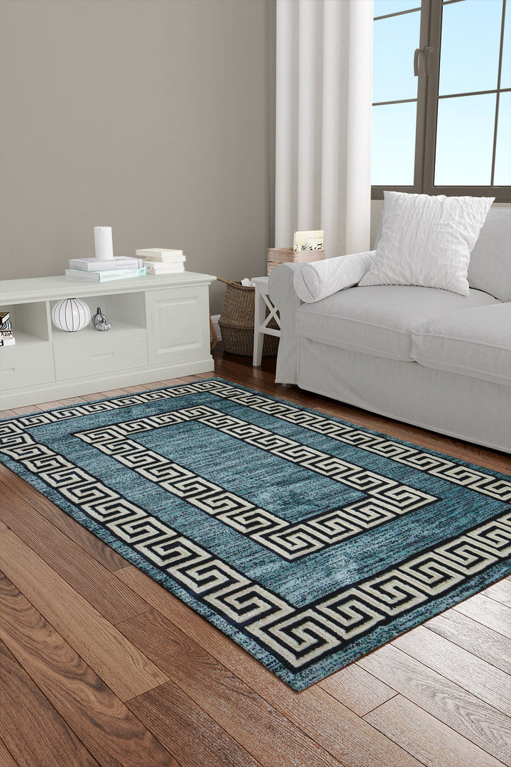 Classical and Traditional Design - 3.9 x 5.5 FT - Blue and Cream - Kazak Rug - Superior Elegant Rug for Living Room - V Surfaces