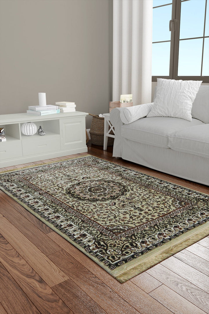 Classical Turkish Topaz Rug - 3.2 x 4.9 FT - Beige - Resilient Construction for Long - Lasting Use - V Surfaces