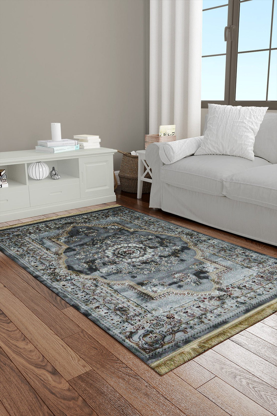 Classical Turkish Topaz Rug - 3.2 x 4.9 FT - Gray - Resilient Construction for Long - Lasting Use - V Surfaces