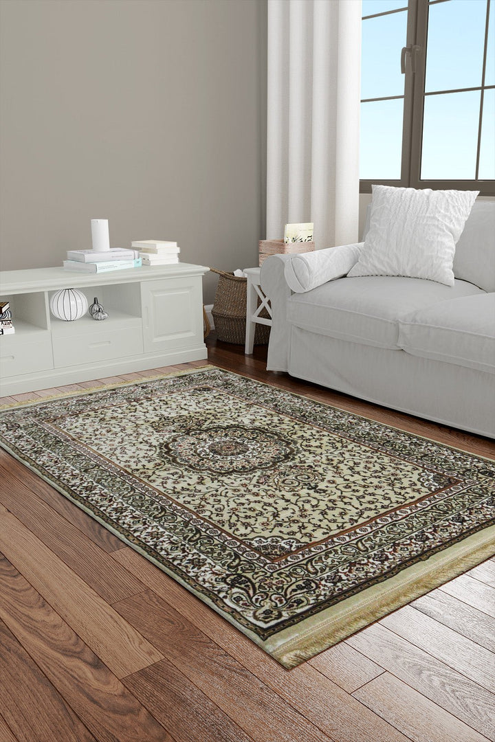 Classical Turkish Topaz Rug - 3.9 x 5.5 FT - Beige - Resilient Construction for Long - Lasting Use - V Surfaces