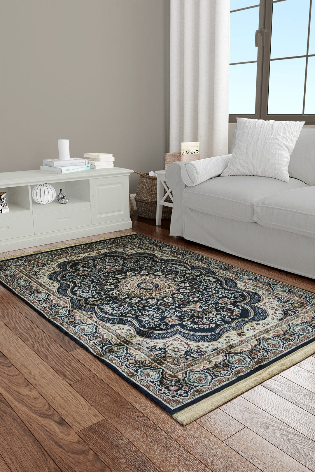 Classical Turkish Topaz Rug - 3.9 x 5.5 FT - Blue - Resilient Construction for Long - Lasting Use - V Surfaces