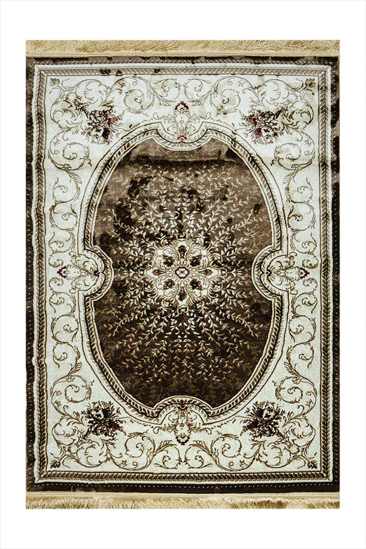 Classical Turkish Topaz Rug - 3.9 x 5.5 FT - Brown and Cream - Resilient Construction for Long - Lasting Use - V Surfaces