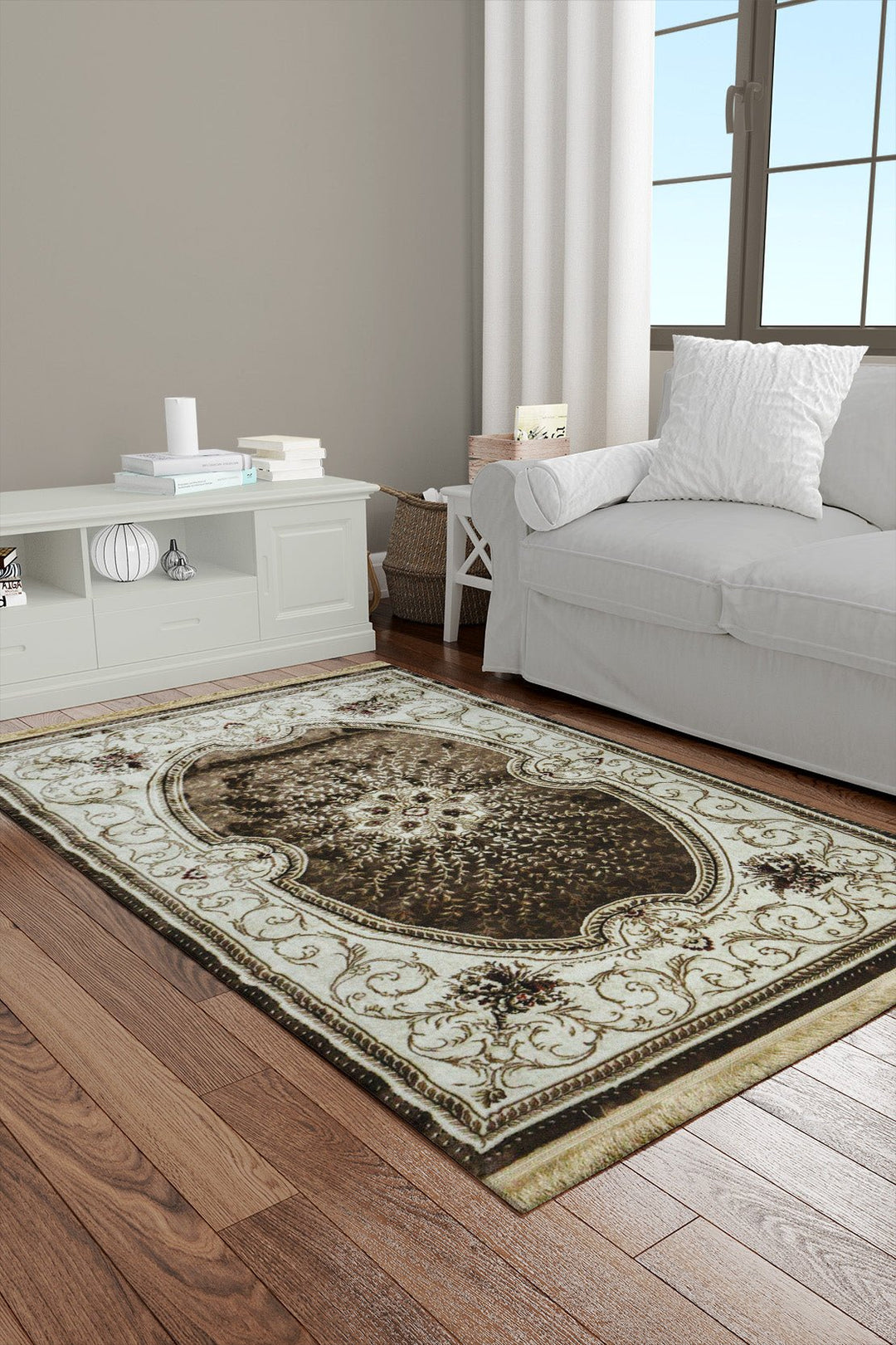 Classical Turkish Topaz Rug - 3.9 x 5.5 FT - Brown and Cream - Resilient Construction for Long - Lasting Use - V Surfaces