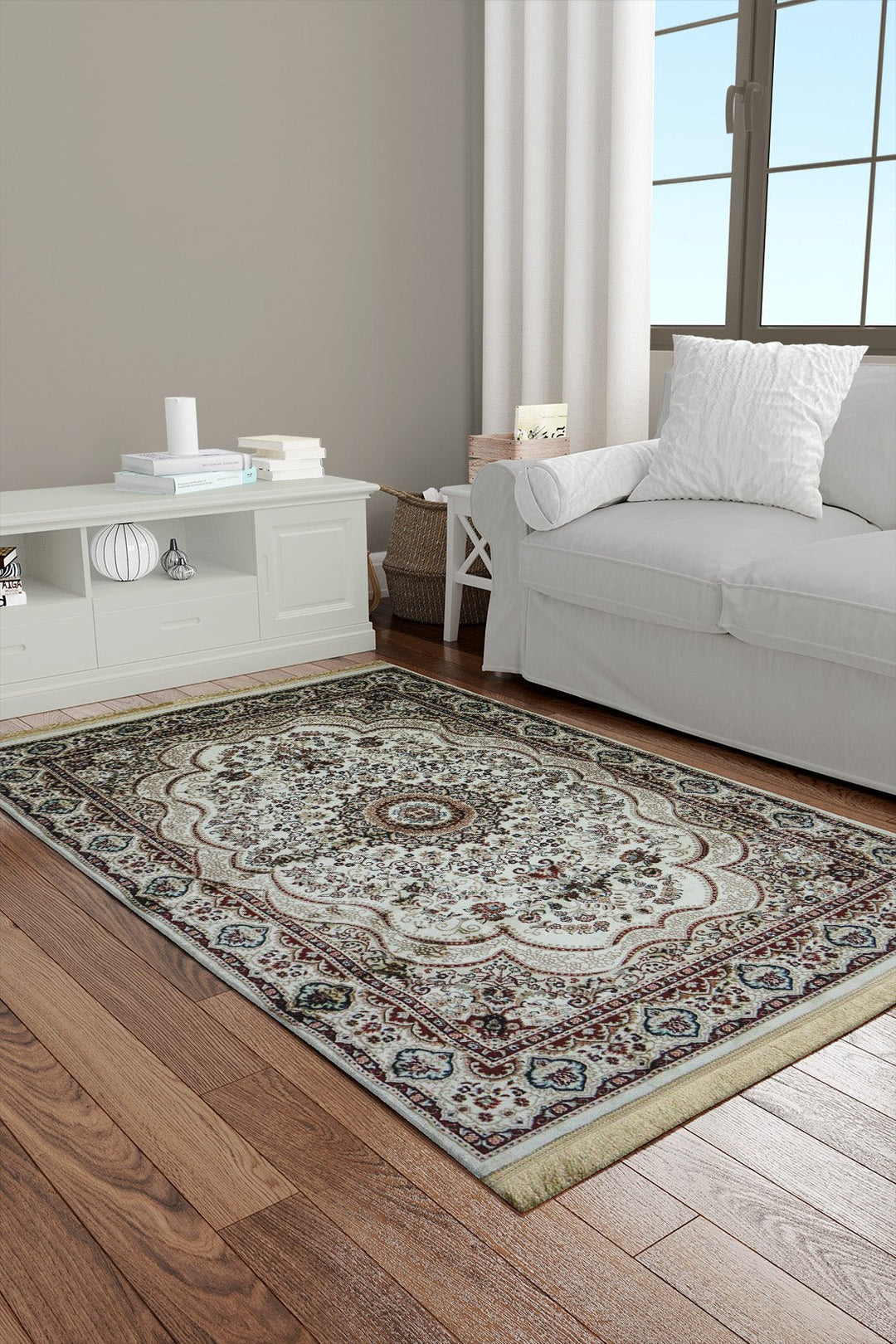 Classical Turkish Topaz Rug - 3.9 x 5.5 FT - Cream - Resilient Construction for Long - Lasting Use - V Surfaces