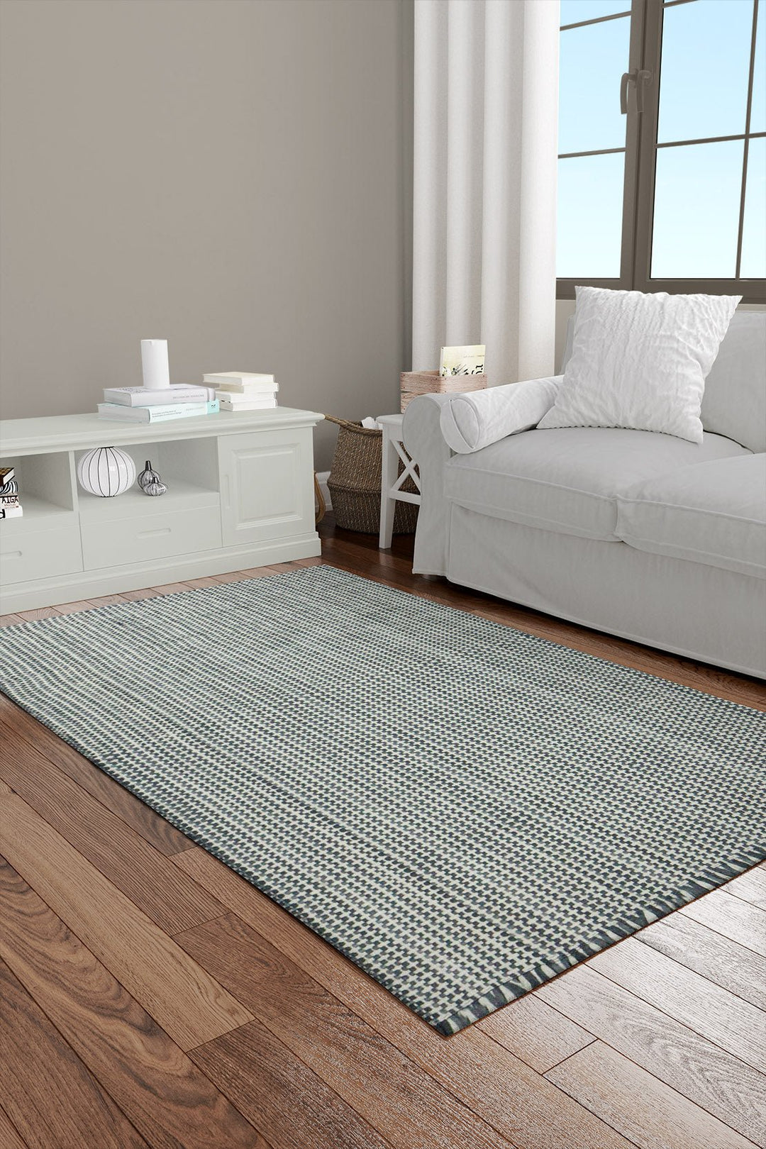 Hand Woven Modern Khaddi Rug - 2.9 x 5.0 FT - Gray and White - V Surfaces