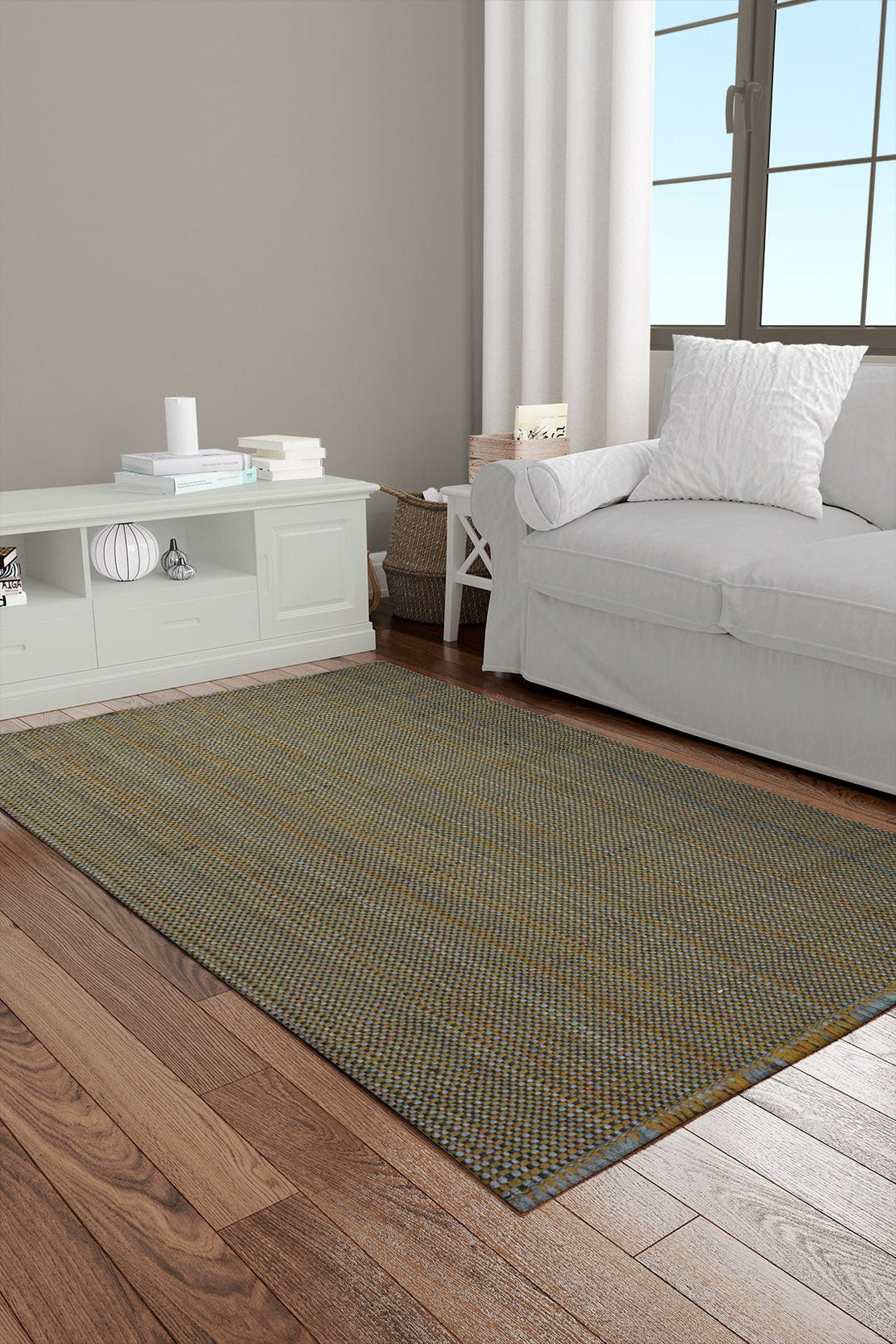 Hand Woven Modern Khaddi Rug - 2.9 x 5.0 FT - Gray and Yellow - V Surfaces