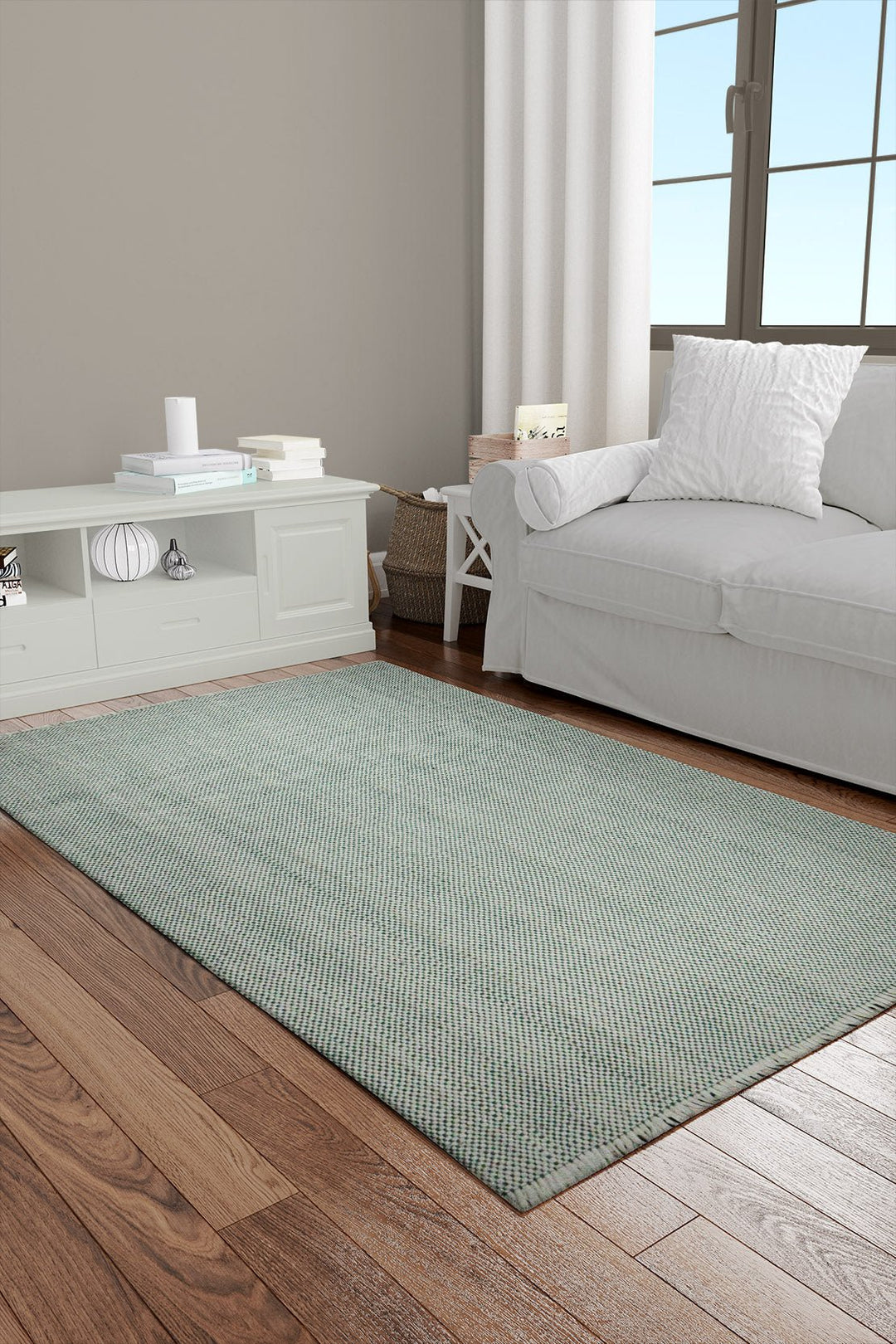 Hand Woven Modern Khaddi Rug - 3.9 x 5.9 FT - Green and White - V Surfaces