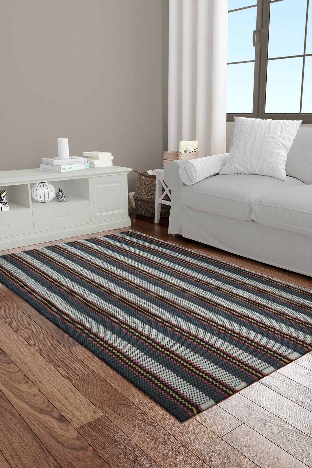 Hand Woven Modern Khaddi Rug - 3.9 x 5.9 FT - White and Gray - V Surfaces