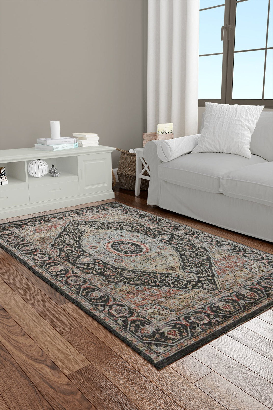 Premium Quality Turkish Antia Rug - 3.9 x 5.9 FT - Gray - Resilient Construction for Long-Lasting Use - V Surfaces