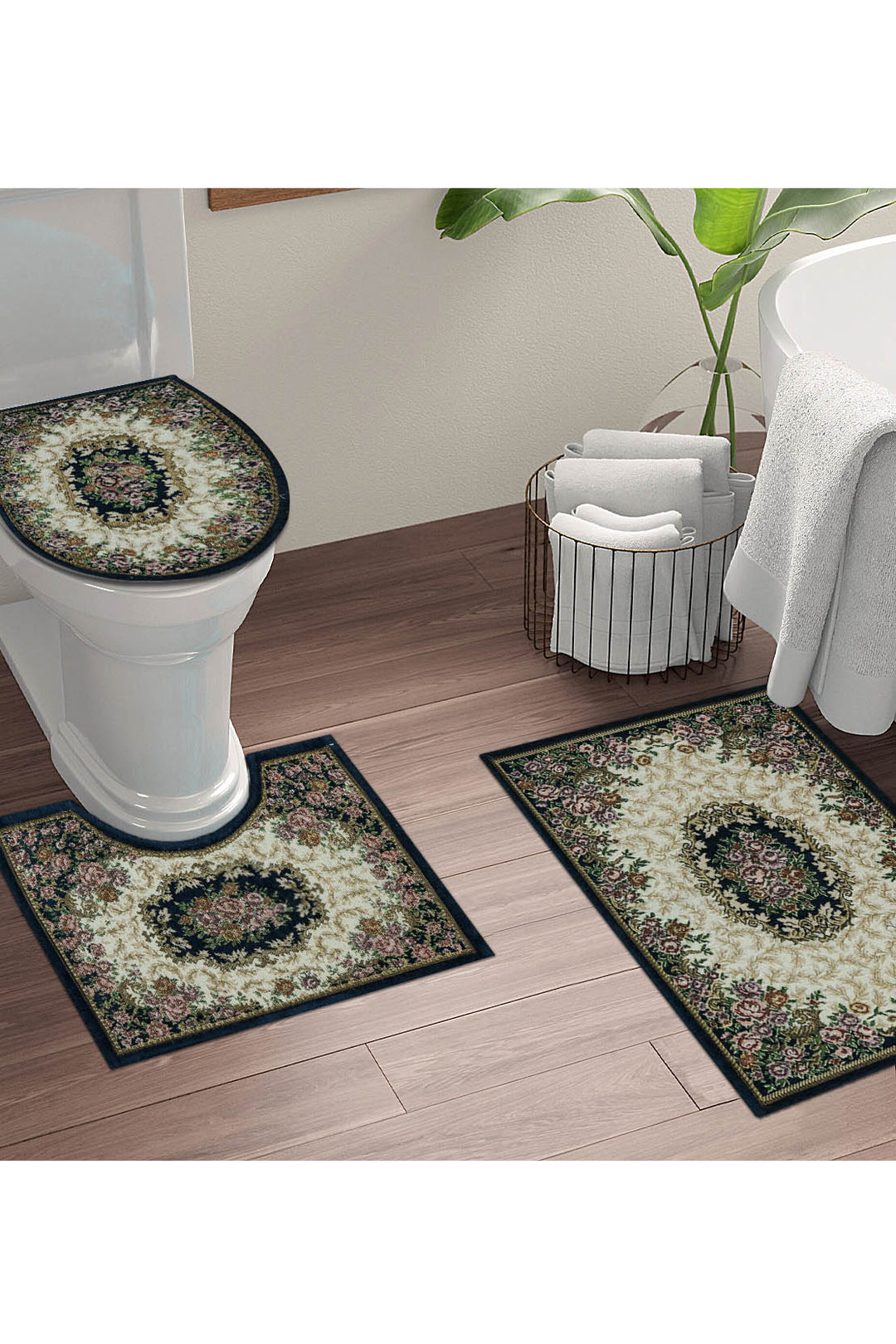 Set of Flower Bath Mat, Beige and Navy - V Surfaces