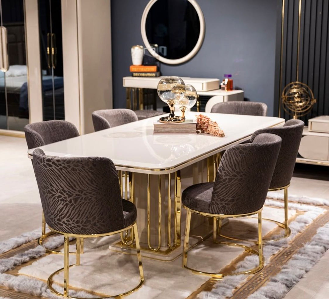 Turkish Berlin Dining Table with Fabric Chairs, 8-Pcs & 6-Pcs Set - V Surfaces