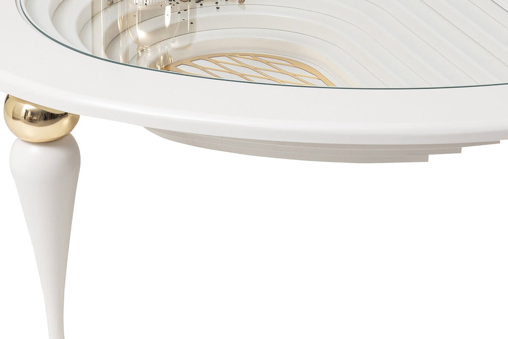 Turkish Center Table - MDF Paint - Cream Table With Golden Design - Tempered Glass - V Surfaces