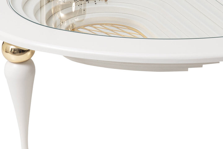 Turkish Center Table - MDF Paint - Cream Table With Golden Design - Tempered Glass - V Surfaces