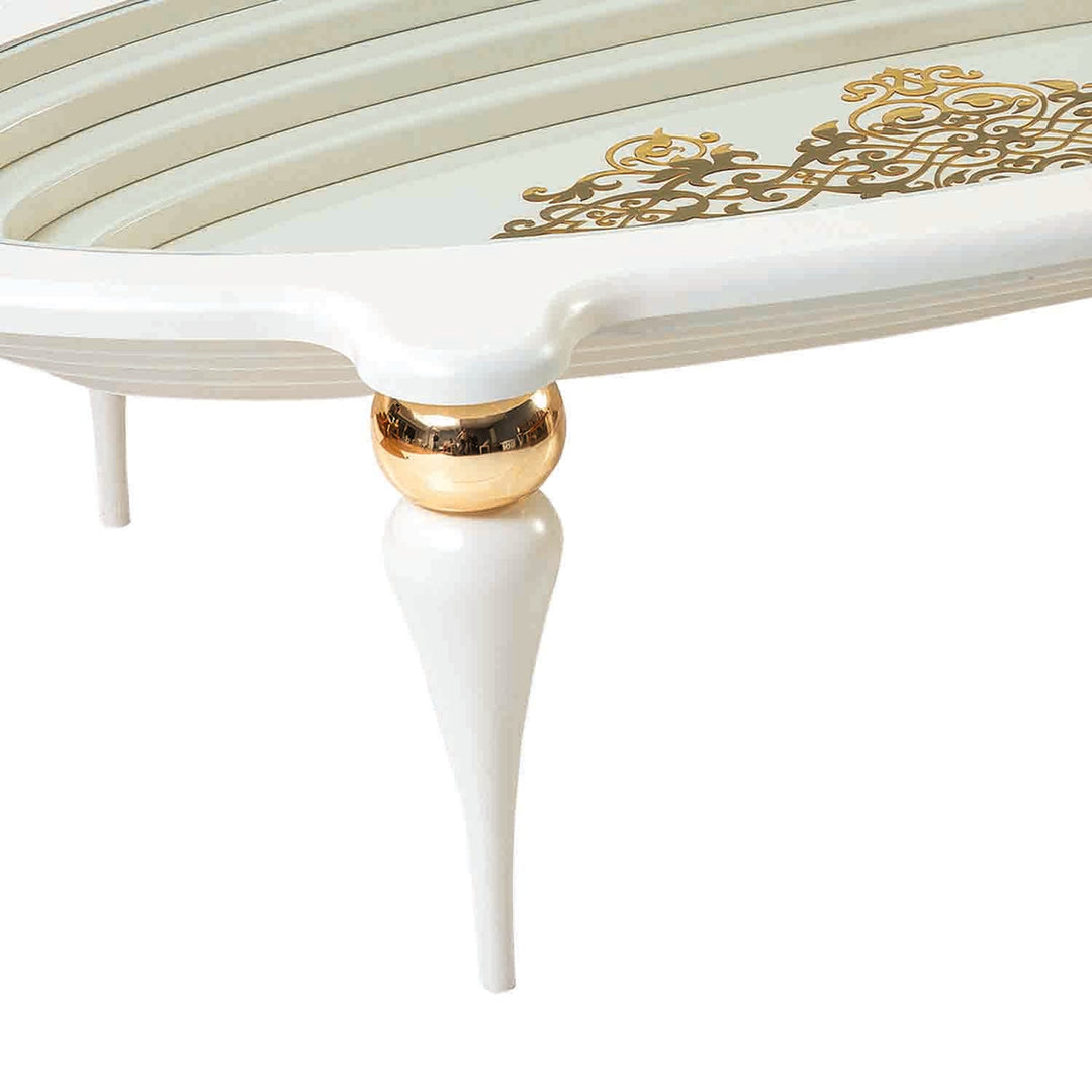 Turkish Center Table - MDF Paint - Cream Table With Golden Design - Tempered Glass - V Surfaces