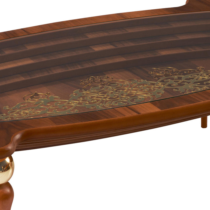 Turkish Center Table - MDF With Vineer Paint - Walnut Table With Golden Design - Tempered Glass - V Surfaces
