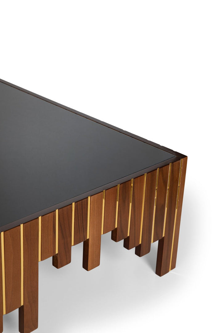 Turkish Center Table, Walnut With Gold Stripes - Tempered Smoked Glass, MDF With Vineer Paint - V Surfaces