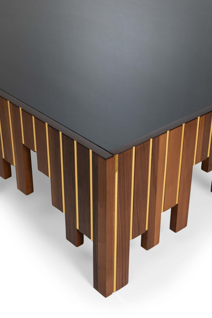 Turkish Center Table, Walnut With Gold Stripes - Tempered Smoked Glass, MDF With Vineer Paint - V Surfaces