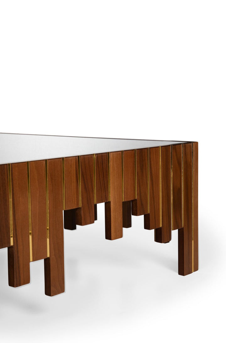 Turkish Center Table, Walnut With Gold Stripes - Tempered Smoked Glass, MDF With Vineer Paint - V Surfaces